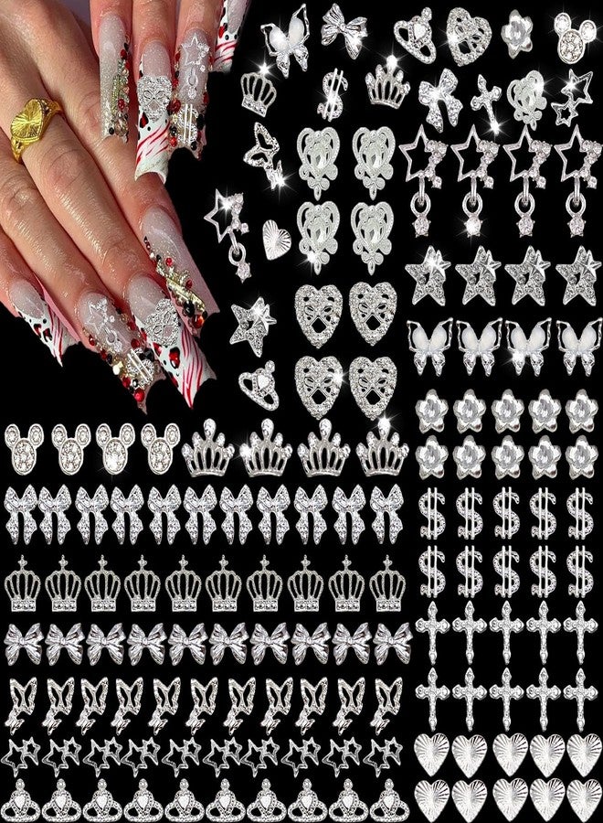 KACHIMOO 128 PCS Silver Nail Charms, Nail Gems Silver Rhinestones for Nails 3D Butterfly, Bow, Star,Crown,Cross,Dollar,Heart Shapes Y2K Accessories Nail Decor (17 Styles) - Image 1